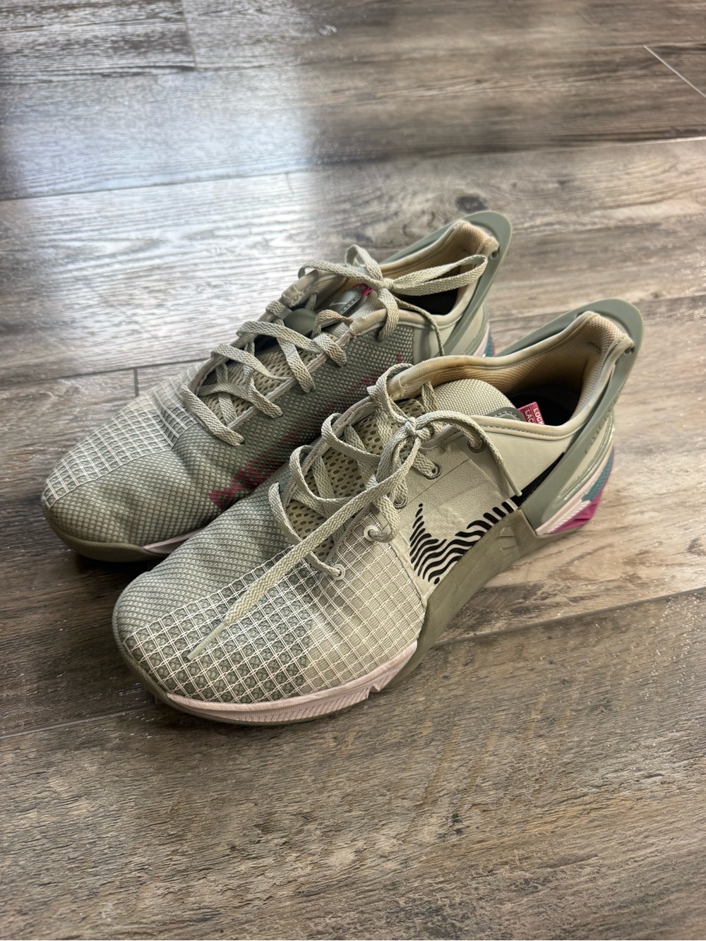 Nike Women's Metcon Olive Green Sneakers with Pink Heel Accents